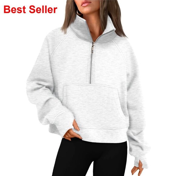 Tops - Women's Half Zip Cropped Fleece Pullover Hoodie with Thumb Holes and Pockets